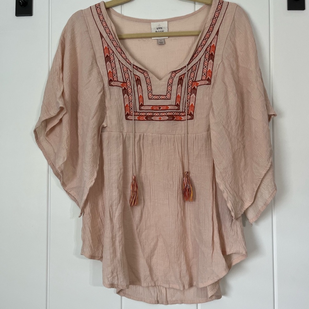 Knox Rose Pink Blouse with Bell Sleeves and Embellished Neckline